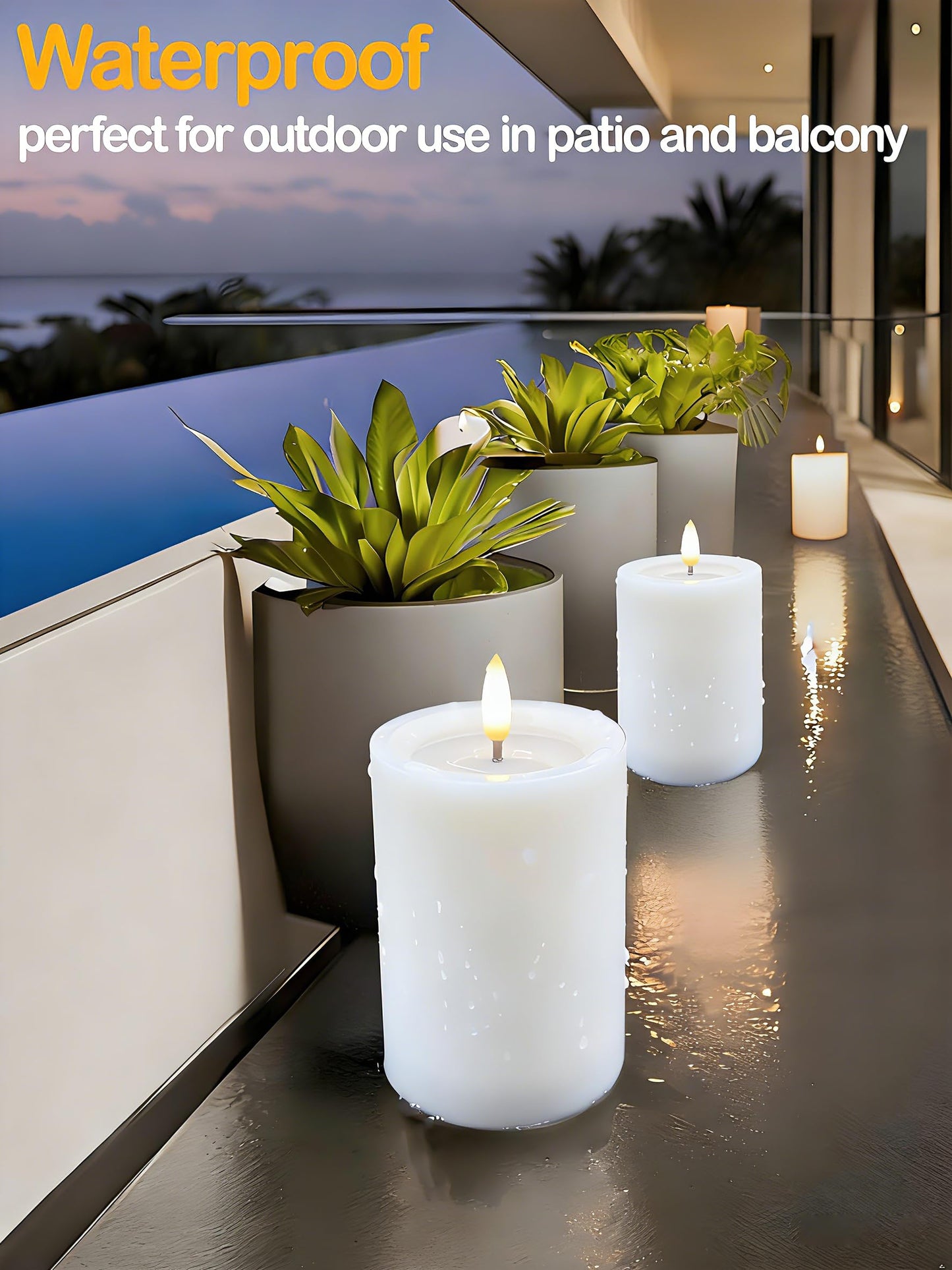 Gmnee 3"x6" Outdoor Waterproof Flameless Candles with Remote and Timers, LED Candles, Battery Operated Candles, Electric Fake Pillar Candles for Patio, Porch, and Lanterns Decor (White, Plastic)
