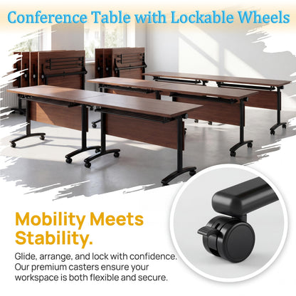 JNMDLAKO Modular Folding Conference Table with Locking Wheels, 10 Pack Flip Top Mobile Training Table, Modern Meeting Seminar Tables for Office, Hotel Conference Room(10,Walnut,71" L x 21" W x 29" H)