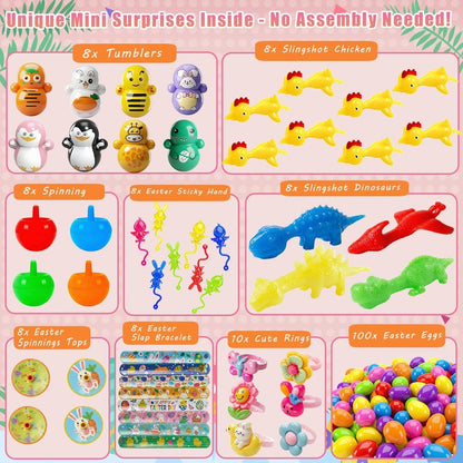 SQZUWIT 100 Pcs Prefilled Easter Eggs Filled with Toys Inside for Kids Boys Girls Pre-filled Easter Hunt Basket Stuffers Essentials Fillers Party Favors Classroom Prize Supplies