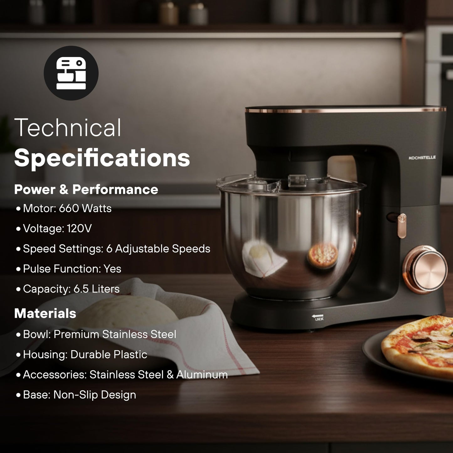 KOCHSTELLE Black Electric Stand Mixer 6.8 Quart Qt, 660W, 6-Speed Adjustable, Stainless Steel Planetary, Portable, Compact & Elegant Kitchen Mixer for Baking & Cooking