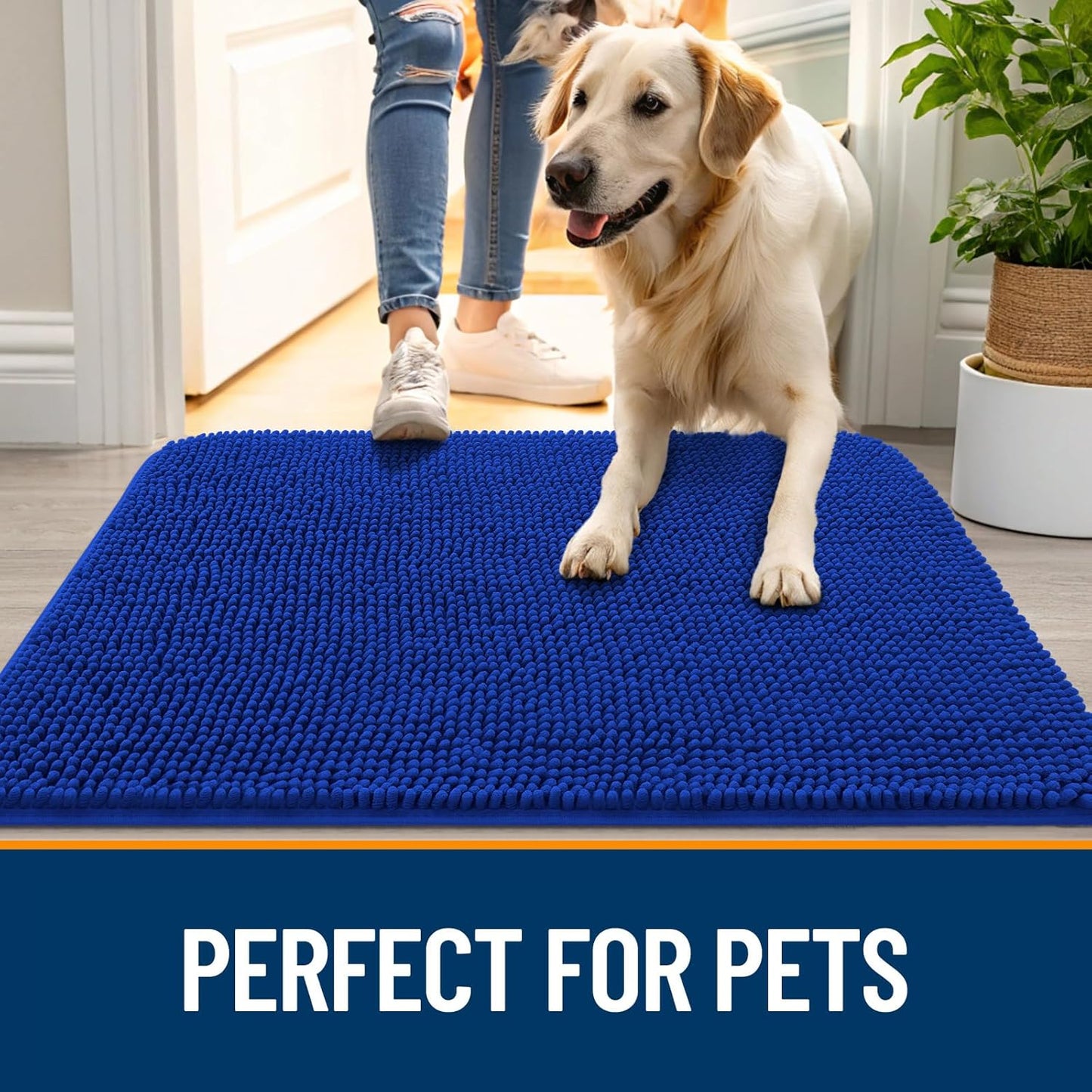 OLANLY Dog Door Mat - Absorbent Non-Slip Washable Chenille Mat for Muddy Paws | 59x35 Royal Blue