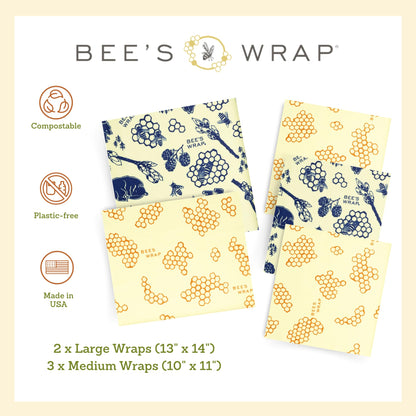 Bee's Wrap Beeswax Wraps for Food - Assorted 5 Pack of Beeswax Wraps - 2 Large & 3 Medium Wrap - Plastic Free Made in USA Reusable Natural Food Wrap - Honeycomb & Bees + Bears