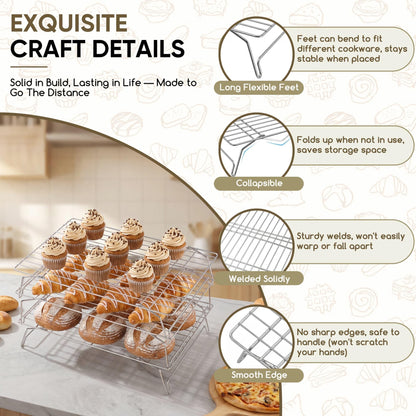 Herogo 5-Tier 15" x 10" Cooling Rack, Stainless Steel Baking Rack for Cookies, Cupcakes, and Pastries, Collapsible Space-Saving Design, Dishwasher Safe, Ideal for Baking, Roasting, and Drying