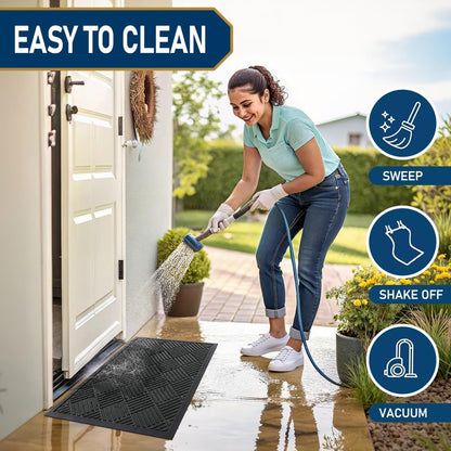 Smiry Front Door Mat Outside Entrance, Heavy Duty Outdoor Indoor Natural Rubber Doormat, Non Slip, Trap Dirt and Moisture, Easy Clean, Low Profile Patio Porch Entryway Mat, 29.5x17, Black