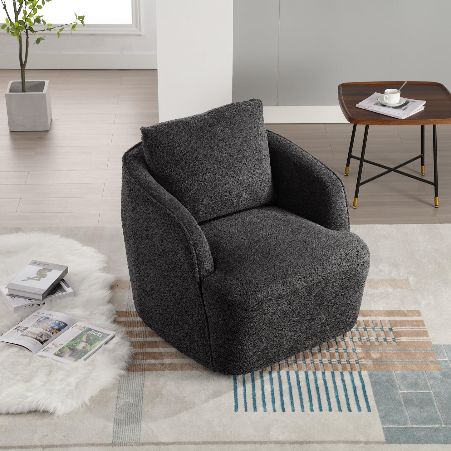30.3" Boucle Swivel Barrel Chair, 360° Rotation Modern Round Accent Chair, Upholstered Club Armchair with Curved Back and Metal Base, Comfy Lounge Seat for Living Room Bedroom Office, Charcoal