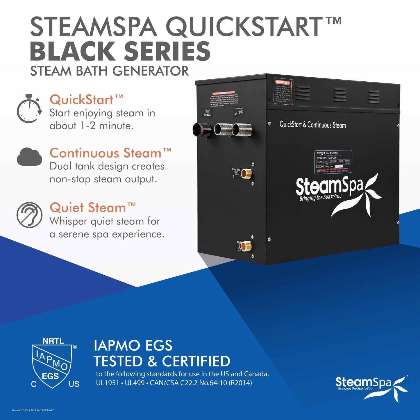 SteamSpa Generator with Quick Start Continuous Steam Technology, Wi-Fi, Bluetooth and Autodrain | 12kW Steam Generator with Gold Steam Head with Aromatherapy Reservoir | RVB1200GD-A