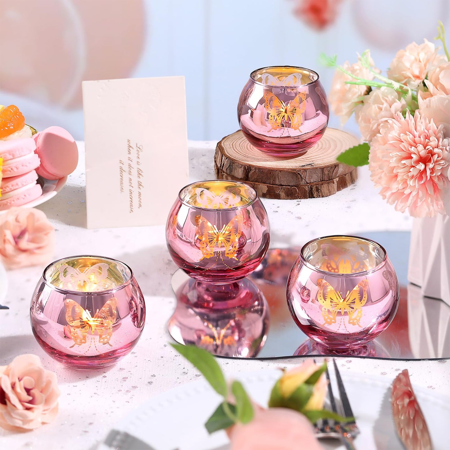 12 Pcs Pink Votive Candle Holders Set Tea Lights Candle Holder Bulk Butterfly Candle Holders Butterfly centerpieces for Tables Wedding Birthday Anniversary Parties Holiday Decorations