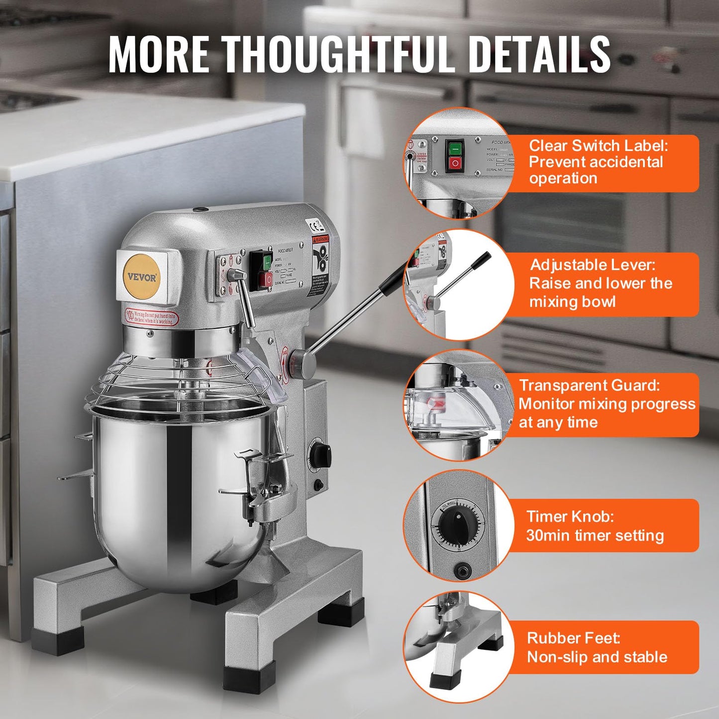 VEVOR Commercial Food Mixer 20Qt, Commercial Mixer with 3 Adjustable Speeds, 1100W Dough Mixer,Commercial Stand Mixer with Stainless Steel Bowl