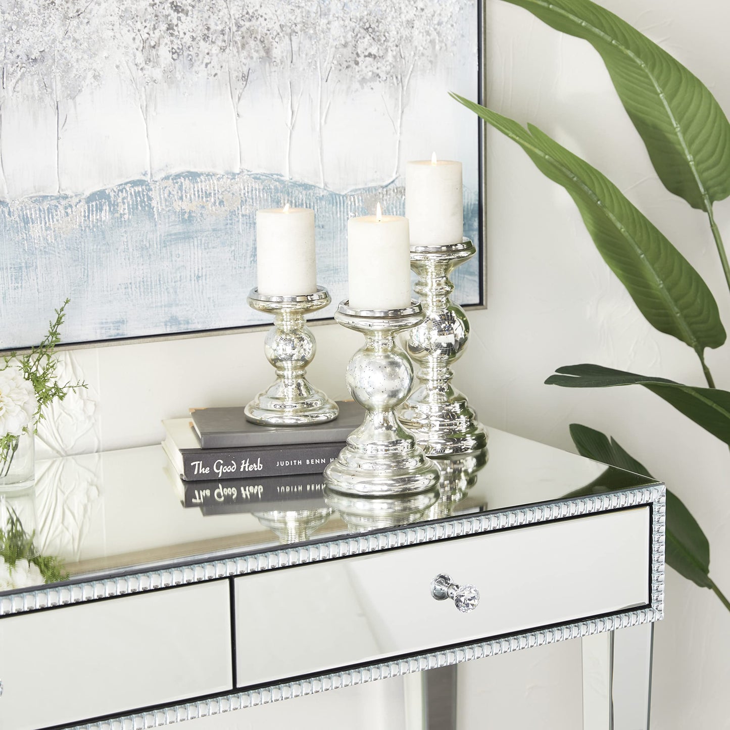 Deco 79 Glass Decorative Candle Holder Turned Style Pillar Candle Stand, Set of 3 Candlestick Holder 10", 8", 6"H, Silver