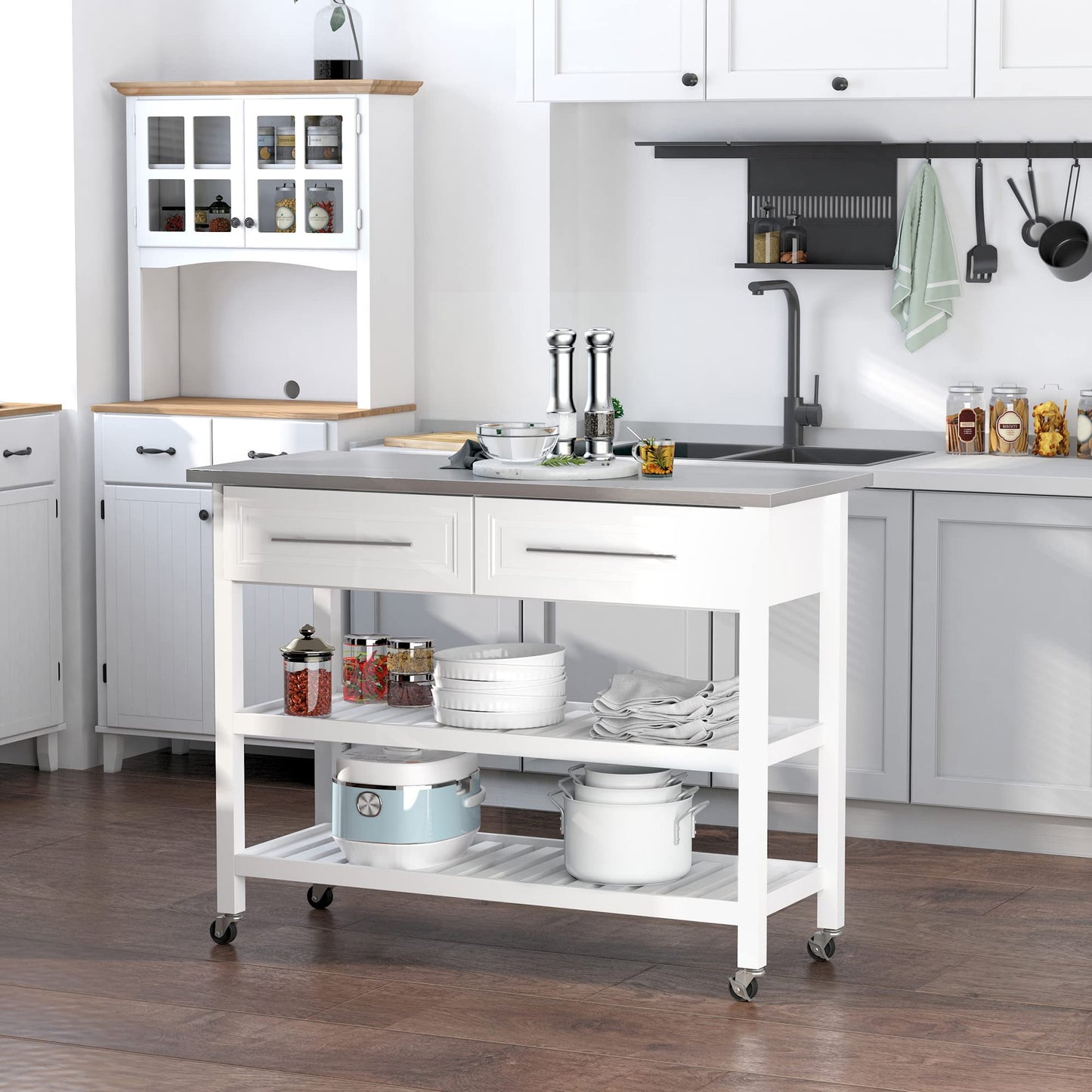 HOMCOM Kitchen Island with Stainless Steel Top, Traditional Kitchen Island with Storage, Butcher Block Cart 2-Tier Open Shelves, Drawers, White