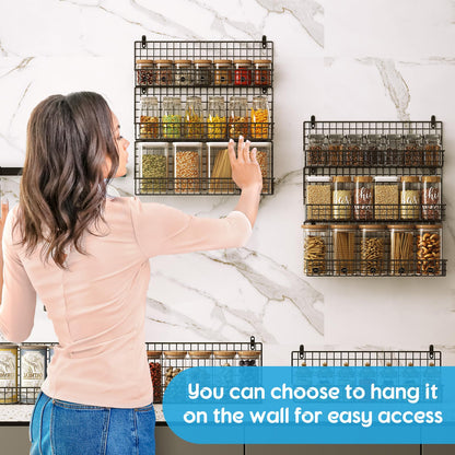 JKsmart 6-Tier Spice Rack Organizer with Door Hook, Wall Mounted & Over the Door Spice Racks for Kitchen Pantry Door Cabinet, Two Size, Large Capacity, Black