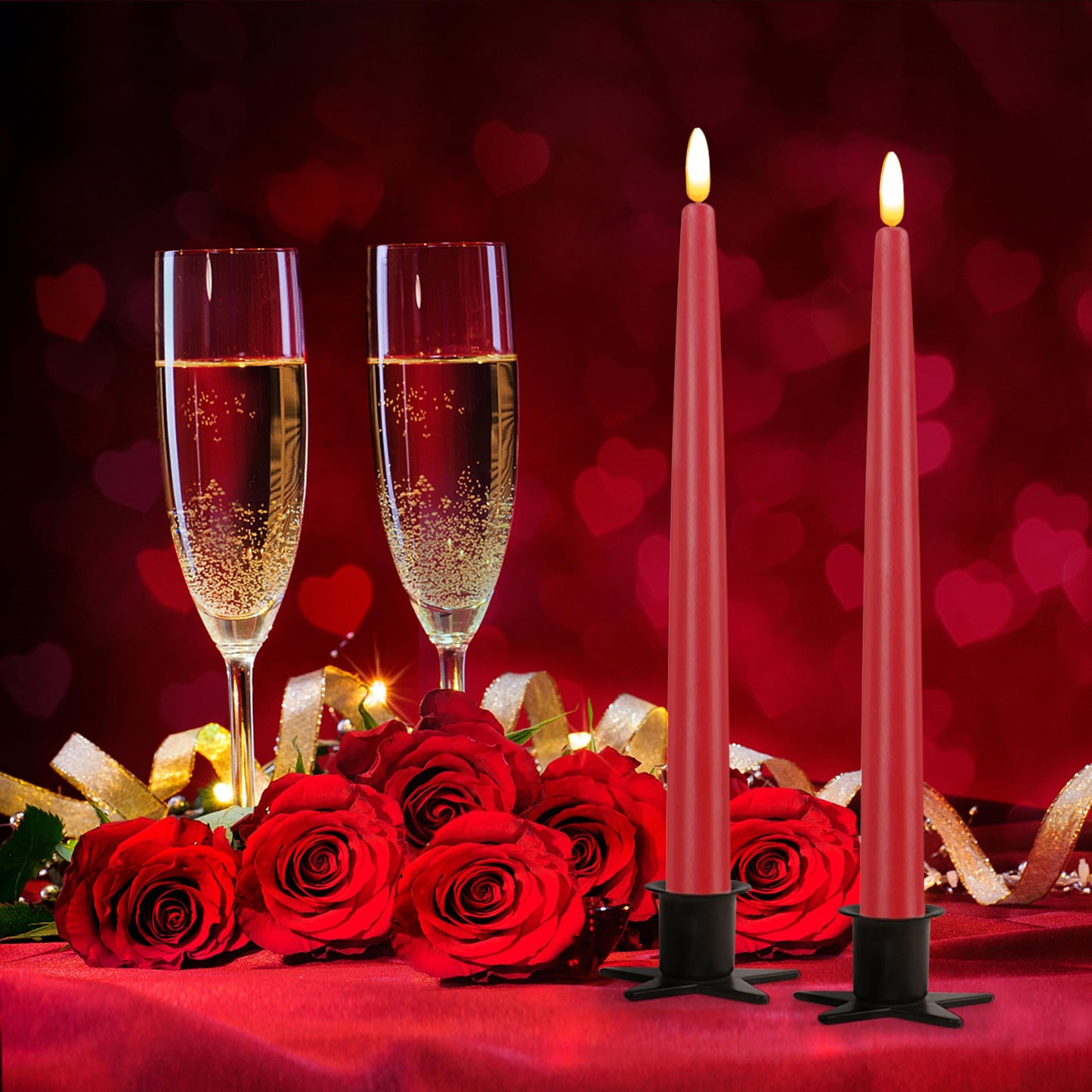 CVHOMEDECO. Flameless Taper Candles with 10-Key Remote, Battery Operated Led Flickering 3D Wick Window Candles Real Wax Finished Home Christmas Party Decor 0.78 x 11 Inch, Pack of 2 Red