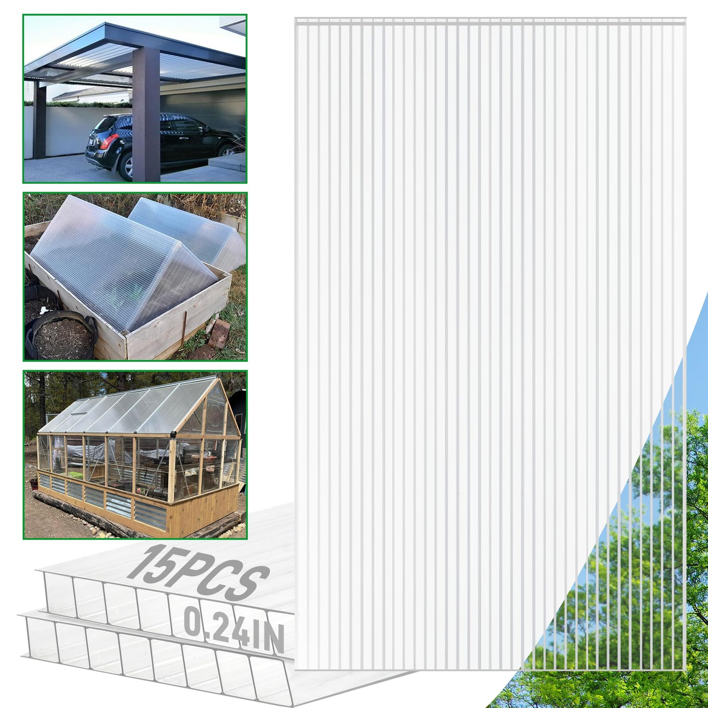 Sinimaka 15 Pack Polycarbonate Greenhouse Panels, 4' x 2' x 0.24'' Twin-Wall Polycarbonate Sheets, Greenhouse Replacement Panels All Weather Clear Roof Panels