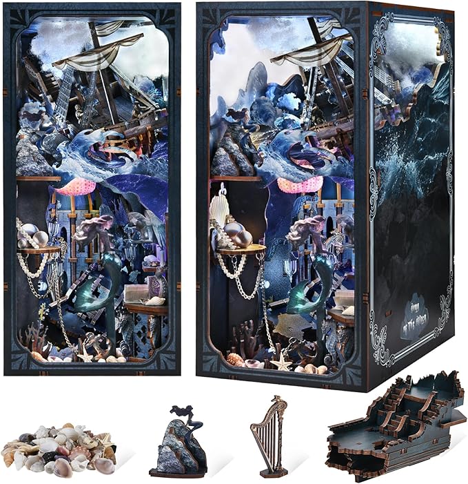 Book Nook Kit DIY Doll House Booknook Miniature Kit for Bookshelf Doll Houses for Adults Teen Halloween 3D Wooden Puzzle Bookends with Led Light and Dust Cover (Sirens Song)