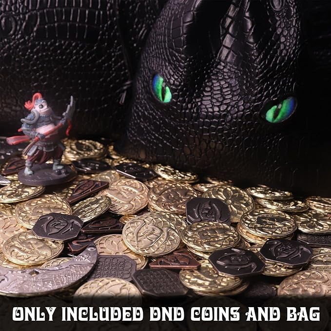 145PCS Metal DND Coins &amp Leather Bag Contains 60 Gold Coins 40 Sliver Coins 40 Copper Coins and 5 Platinum Coins Tokens with Glow in The Night Eyes Bag for RPG Tablelap Games