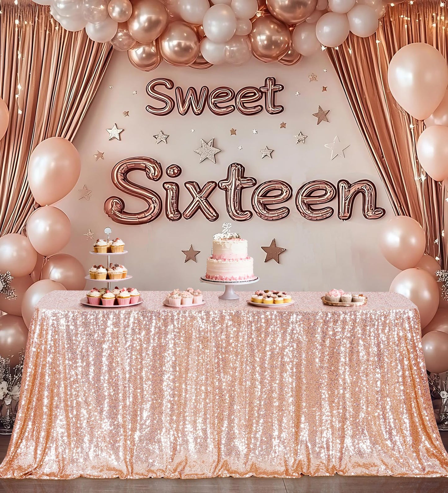 Juya Delight 60" x 120" Rose Gold Rectangle Sequin Tablecloth for Party Dinner Banquet Festival Wedding Anniversary Exhibition Dessert Table