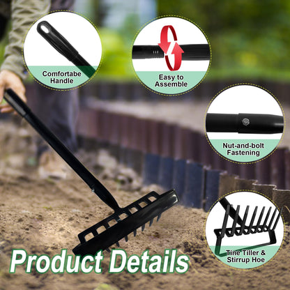 8-Tines Rake and Stirrup Hoe, Metal Garden Tiller Rake with Adjustable Long Handle, Action Scuffle Loop Hoe for Weeding, Digging, Loosening Soil