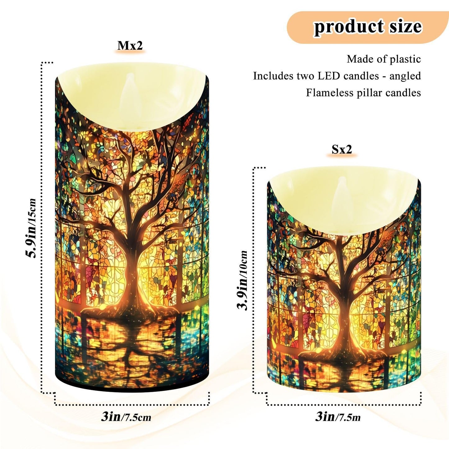 ZRYSMY Stain Glass Tree Flameless LED Candles with Remote and Timer - 5.9”x3”, 2 Pack, Battery-Operated Flickering Pillar Candles for Home Decor
