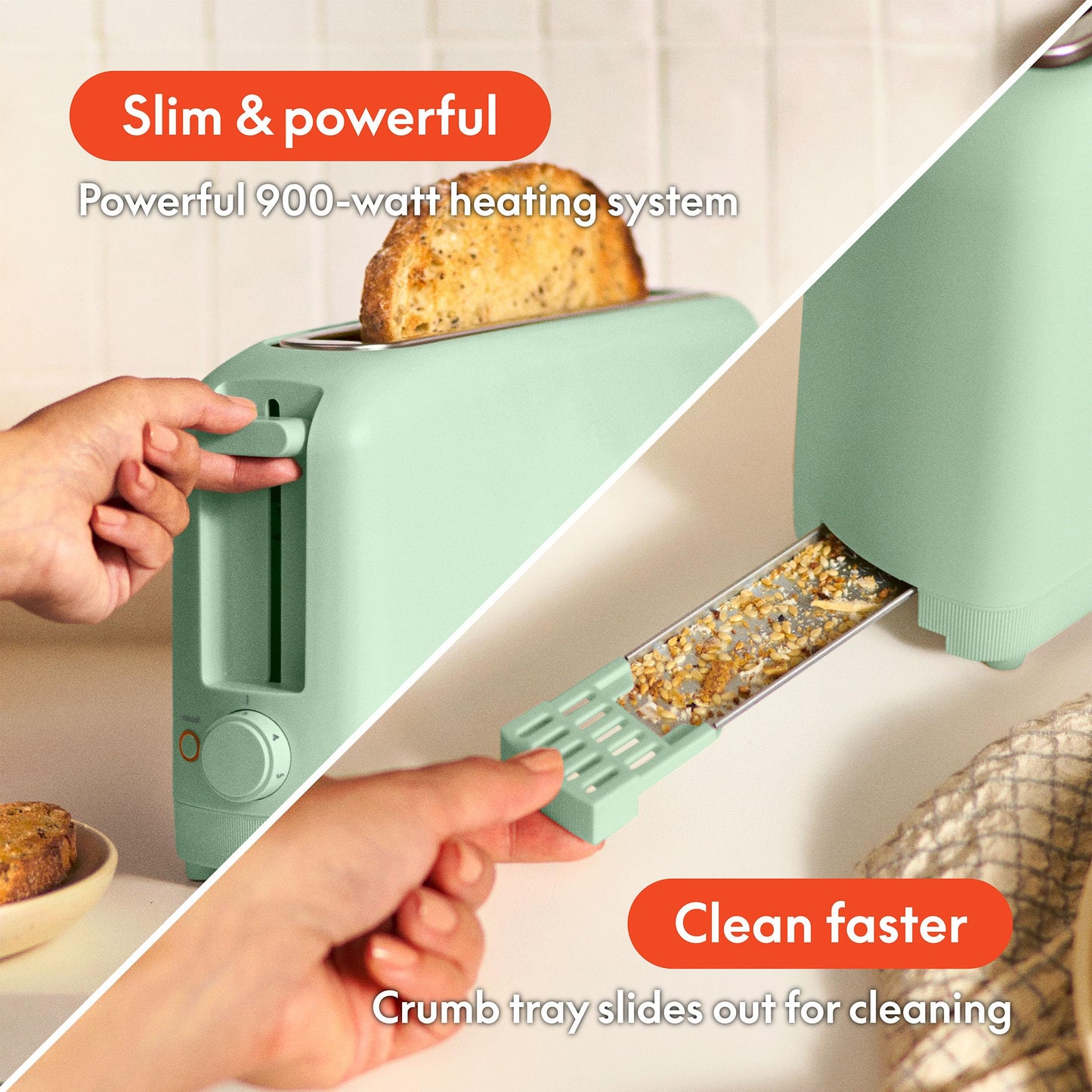 bella 2 Slice Slim Toaster, Fits-anywhere™ Kitchenware, 6 Setting Shade Control with Reheat & Cancel Buttons, Fits sourdough, 10” Long Slot, Anti Jam & Auto Shutoff, 900 Watt, Surf