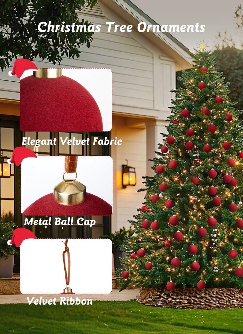 Brightown 15 Pcs Red Velvet Christmas Valentines Balls, 3.15 Inch Velvet Ornaments for Christmas Tree, Christma Tree Flocked Ornaments Balls for Family Holiday Wedding Party Xmas Hanging Decoration