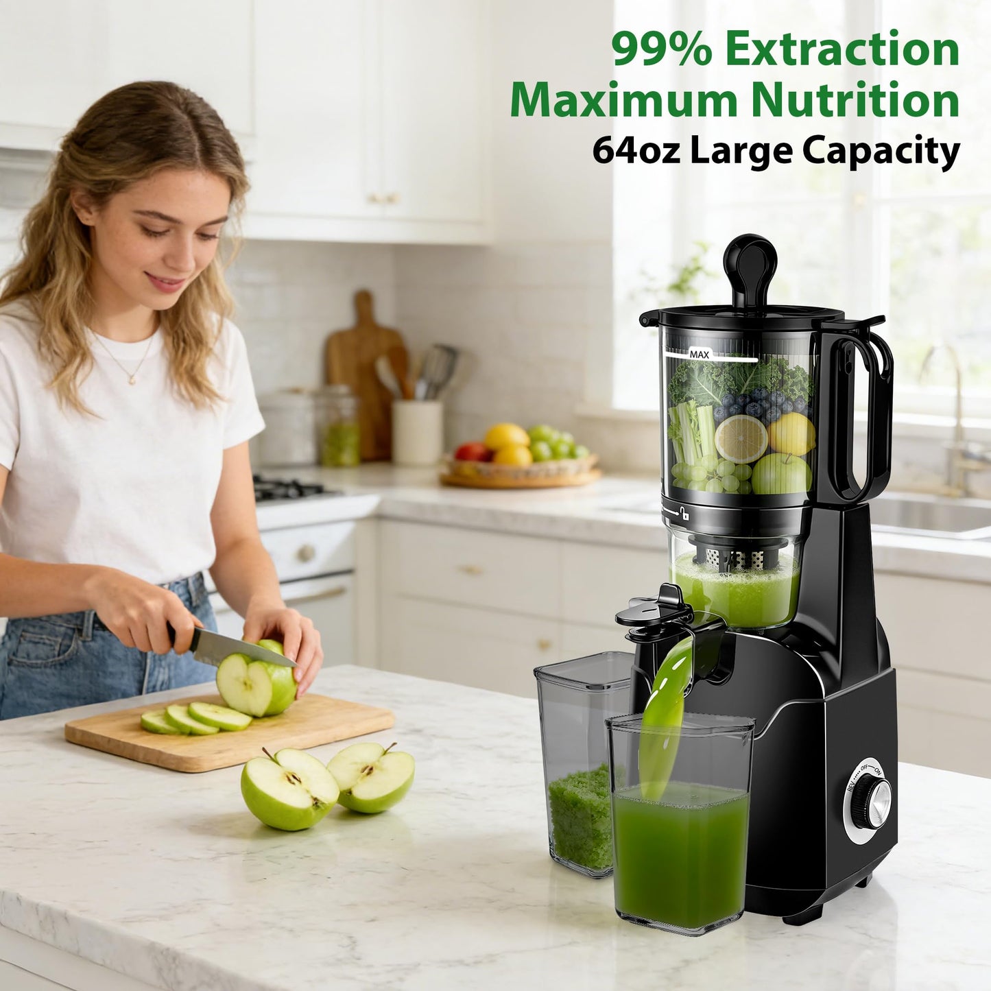 SUSTEAS Juicer Machines with 5.3" Extra Wide Chute,Cold Press Juicer for Whole Fruits & Vegetables, 64oz Capacity Juice Extractor 250W, Easy to Clean, High Juice Yield, Home Juicer, Premium Black