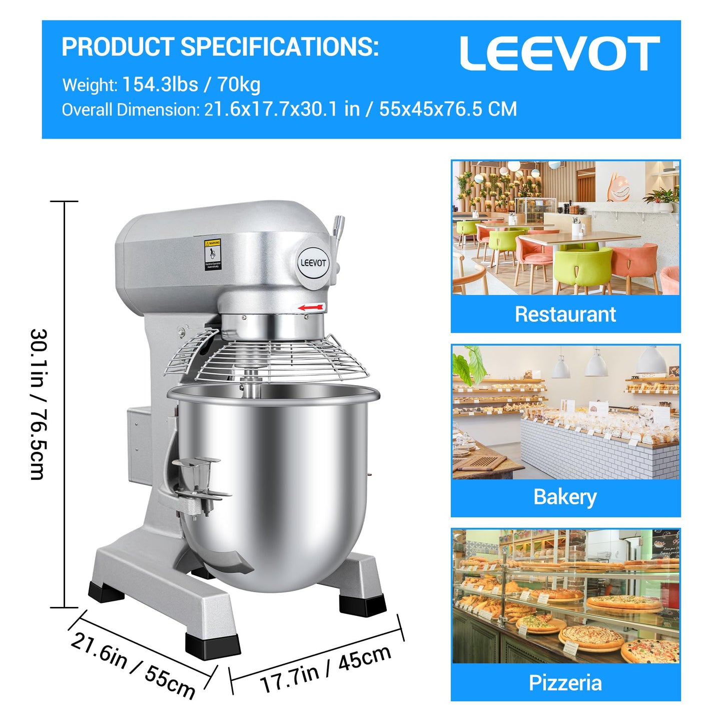 LEEVOT 30 Qt 1250W Commercial Food Mixer, Commercial mixer 3 Speeds Adjustable Heavy Duty Stand Mixer with Stainless Steel Bowl for Bakery Pizzeria.