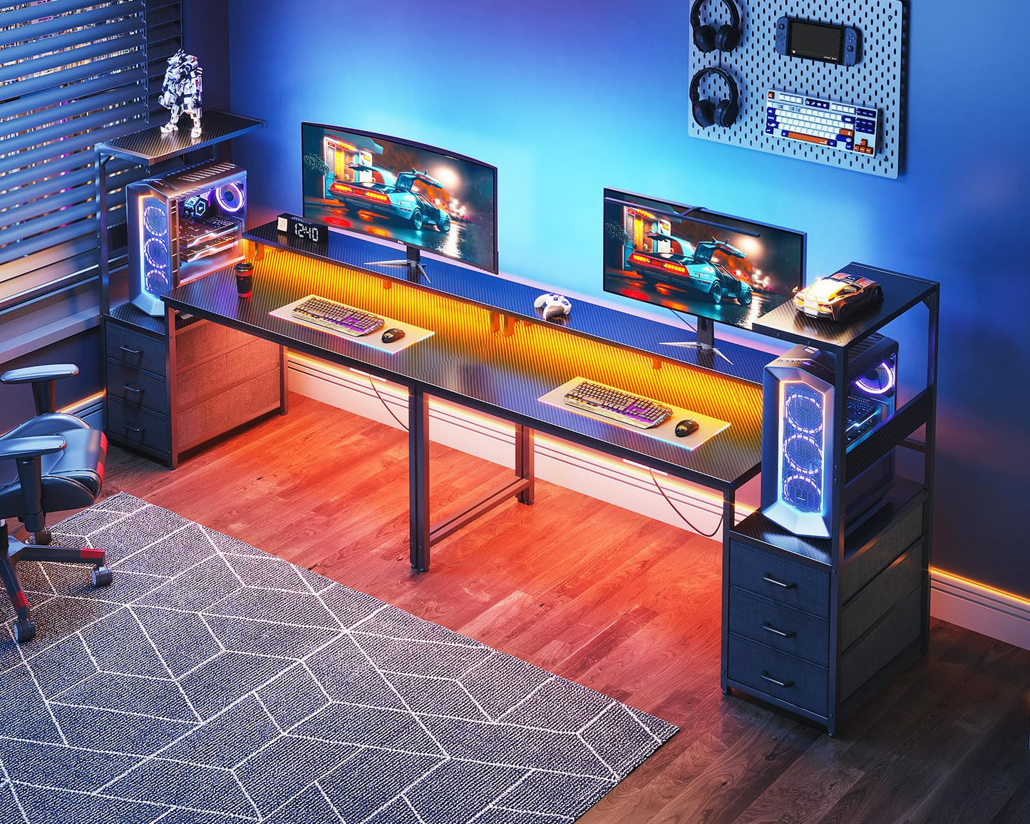 AODK 59 Inch Gaming Desk with LED Light- Reversible Computer Desk with Storage Shelves & Monitor Stand, Modern Gamer Desk Table with Fabric Drawers, Black