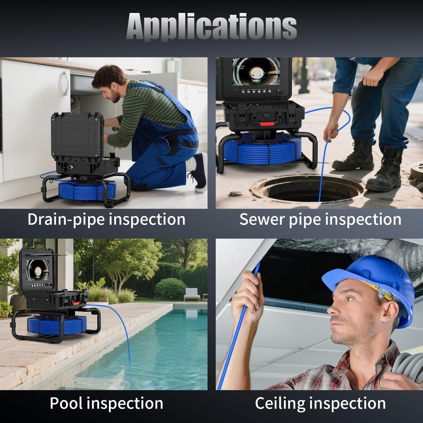 JINXINEBAY 10 Inch IPS Sewer Inspection Camera with 512Hz Locator, 1080P AHD, 50M Cable, DVR, Auto Self-Leveling, 5X Zoom, TF Card, LED Lights for Pipe/Wall/Drain (100FT/512hz Locator)