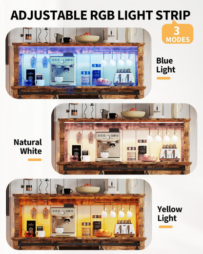 IDEALHOUSE 55" Farmhouse Coffee Bar Cabinet with Power Outlet & LED Light - Sliding Barn Door Buffet with Removable Wine Rack, 2-Tier Drawers, for Kitchen, Dining & Living Room, Brown