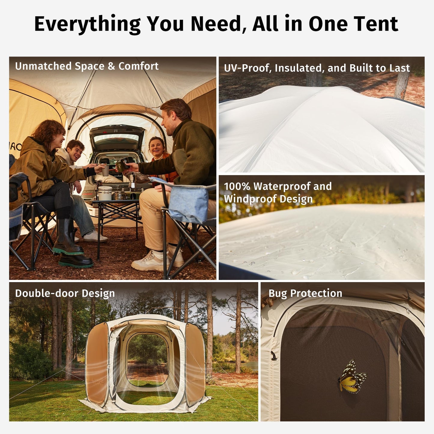 East Oak 12×12 FT Pop Up Canopy Tent with Mesh | Outdoor Screen House with 4 Sunshades | Instant Canopy with Portable Carry Bag | Gazebo Tent for Camping, Patio, and Beach | Beige