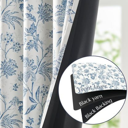 jinchan Blackout Floral Curtains for Bedroom, 84 Inches Long Printed Flower Black Out Curtains, French Country Back Tab Blue Window Treatment Farmhouse Drapes Set 2 Panels Blue