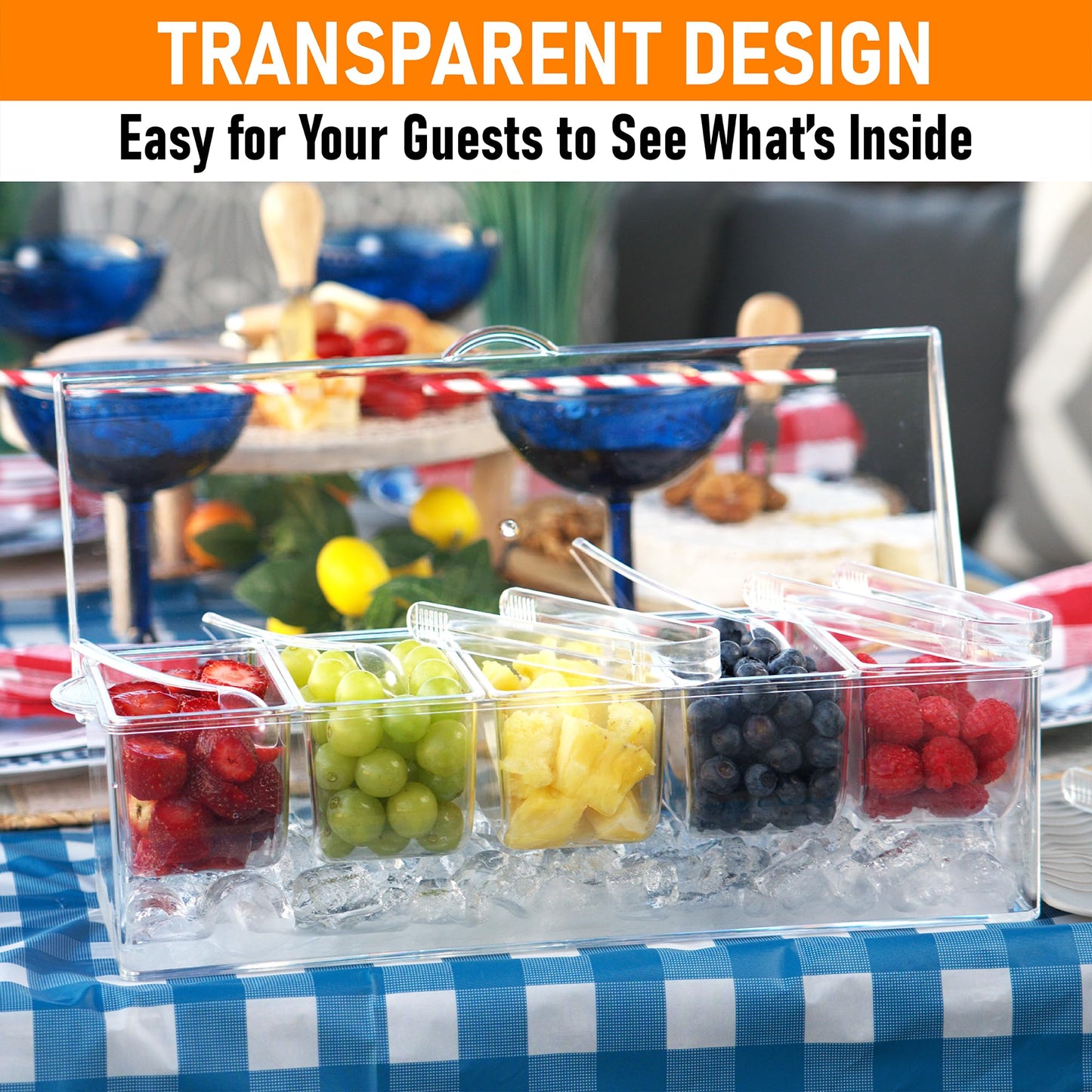 Ice Chilled Condiment Containers with Hinged Lid - Chilled Condiment Server with Lid, Clear Serving Tray Includes 5 Detachable Compartments, 3 Tongs, 3 Spoon and 1 Grey Pad