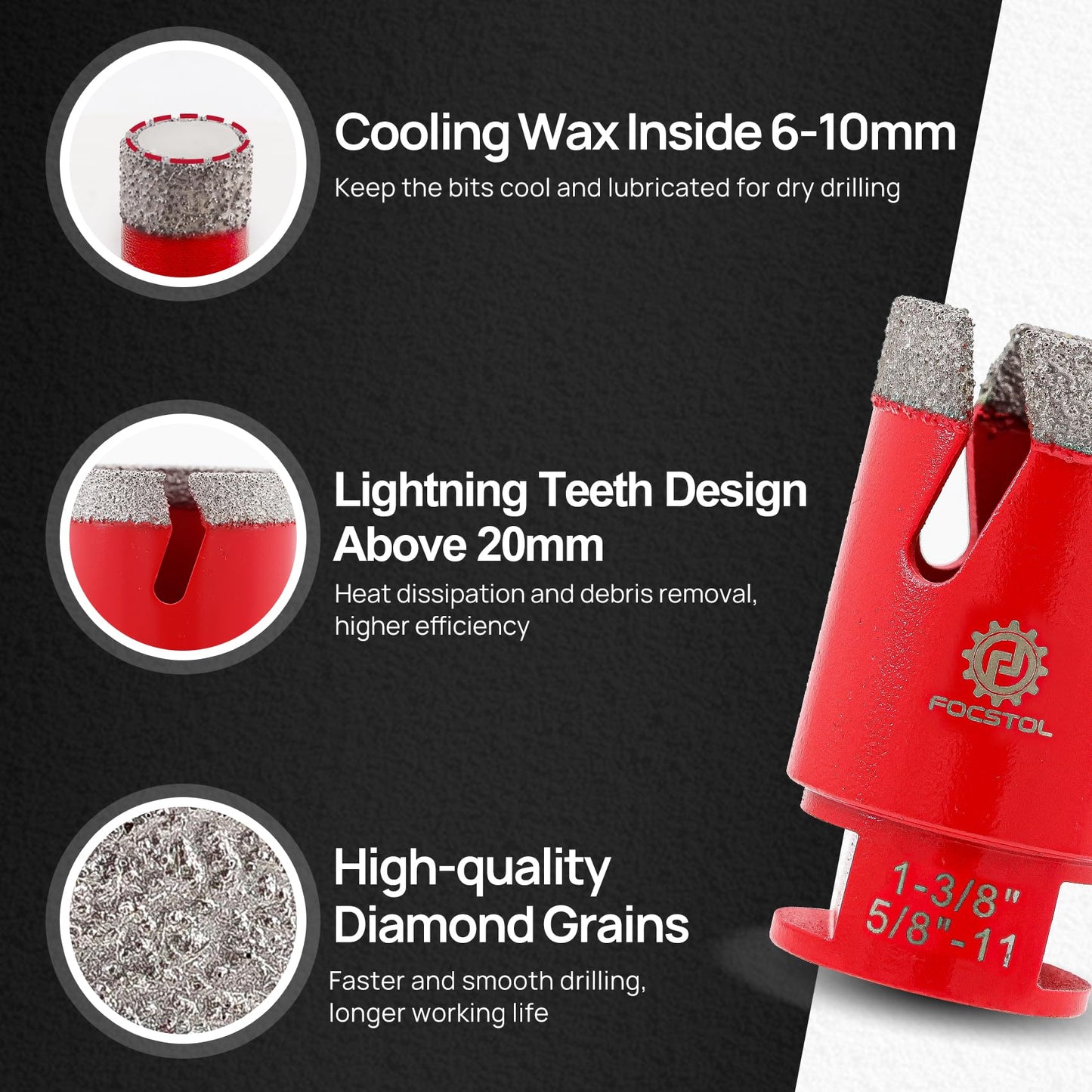 FOCSTOL Diamond Core Drill Bit Set - 12pcs (6/6/8/20/25/35/50/75/100mm+20mm Finger Milling Bit+50mm Beveling Chamfer Bit+SDS) Diamond Hole Saw Kit for Porcelain Ceramic Tile Marble Granite