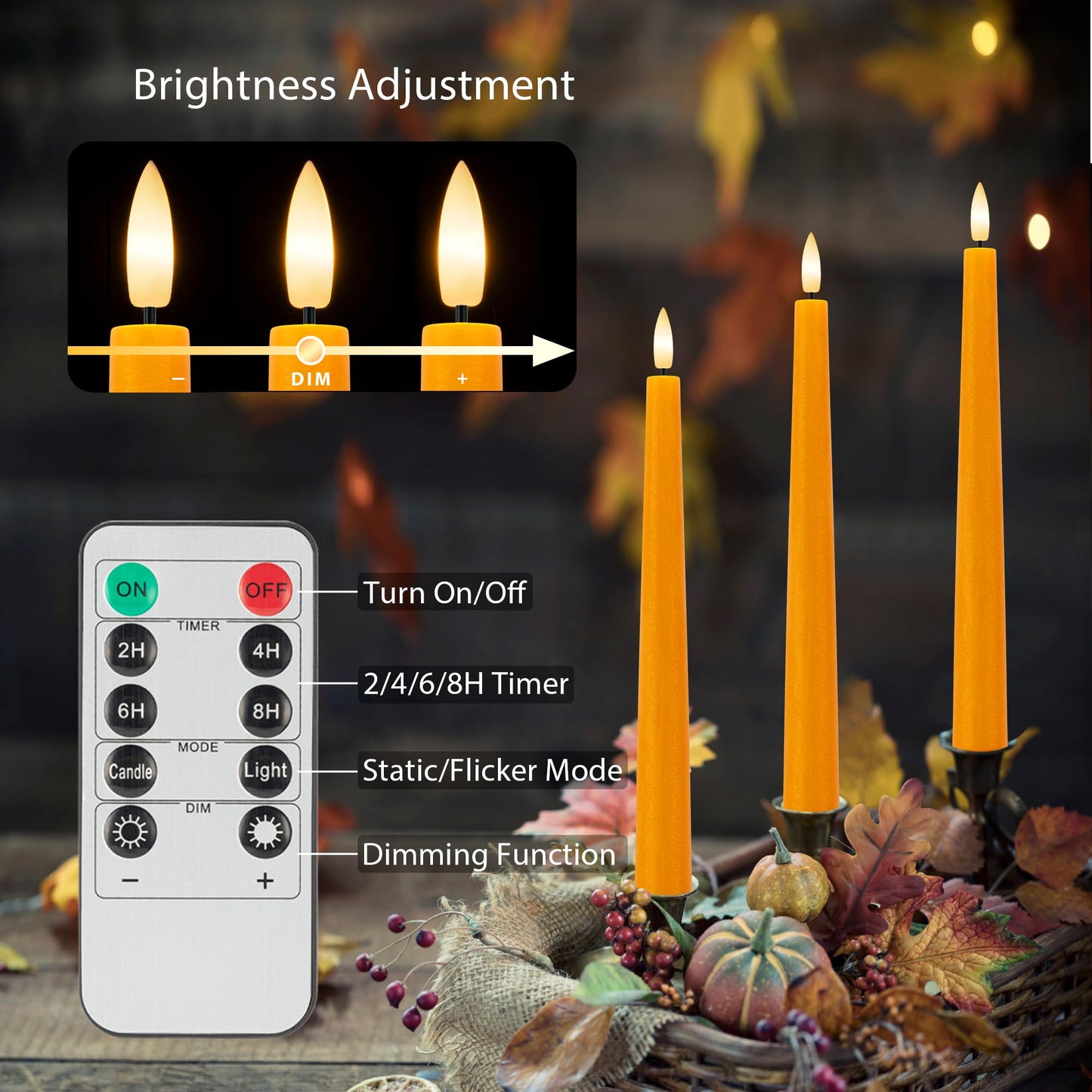 Orange Flameless Taper Candles, 9.6" Halloween Battery Operated Candles with Two Remote, Real Wax Fall Led Candlesticks, Flickering Flameless Candle for Fall, Thanksgiving, Harvest, Halloween, 6 Pack