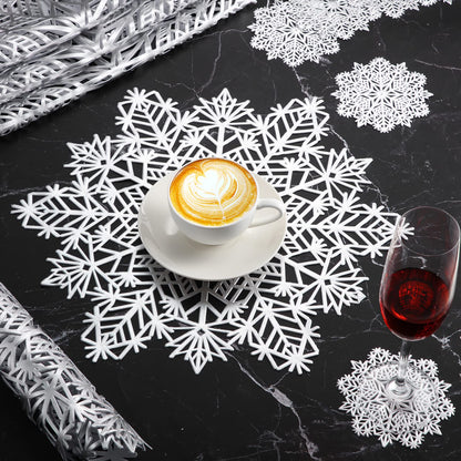 Sieral Snowflake Placemats and Coasters Set Pressed Vinyl 15 Inch Placemats and 4 Inch Coasters for Christmas Winter Wedding Party Dinner Table Decoration(Silver,24 Sets)