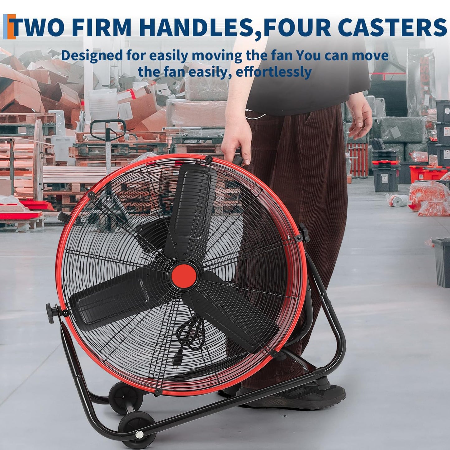 EliteEdge 24 in Industrial Floor Fan, Heavy Duty Industrial Floor Fan with Adjustable 3 Speed 4800-8800 CFM Cooling, for Industrial Commercial Space Garage, Metal Blades/360° Rotation,Red