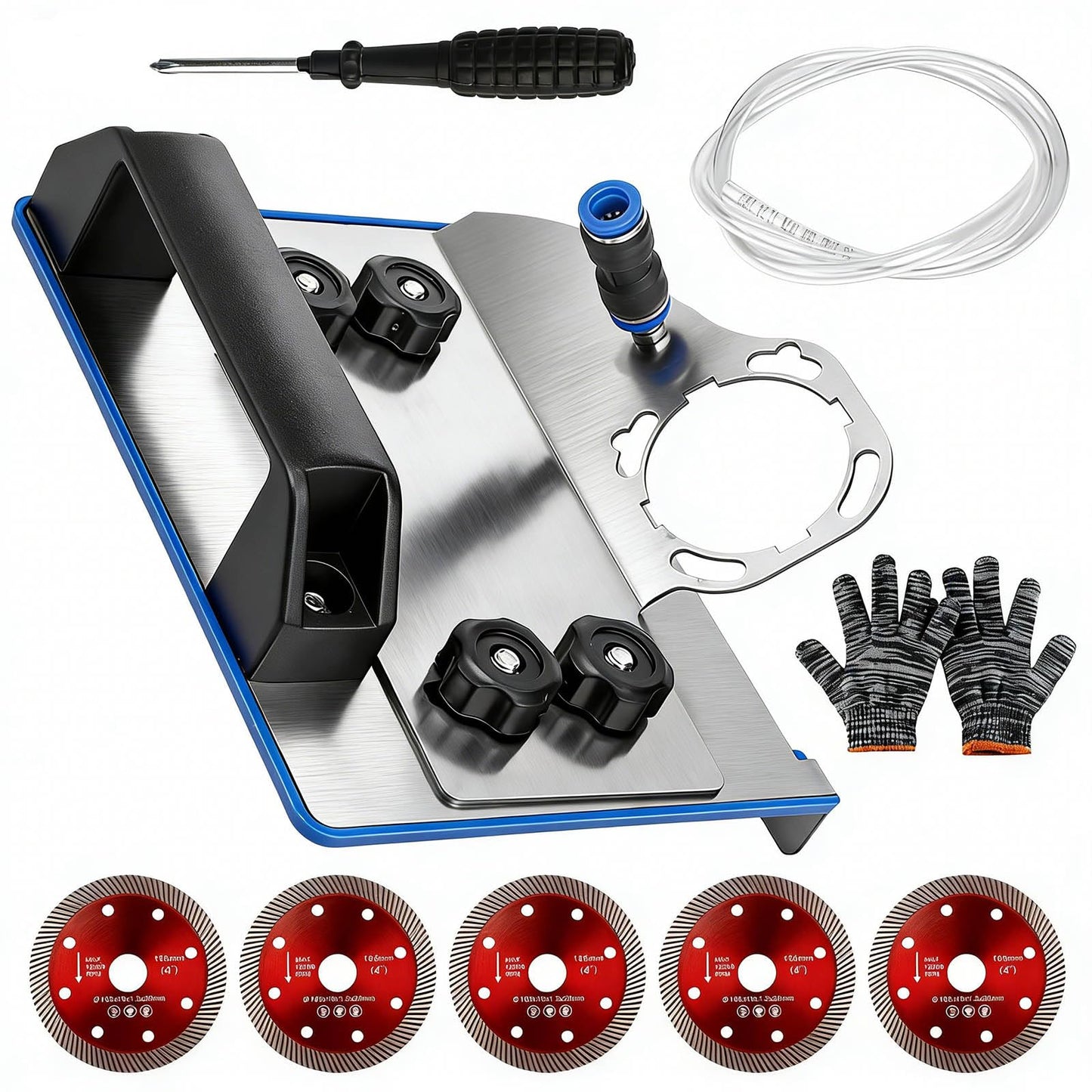 45 Degree Tile Chamfering Tool for 100-Type Angle Grinders, Universal Stand with 5 Diamond Saw Blades, Gloves, 39 Inch Hose, Screwdriver, Adapter Washers