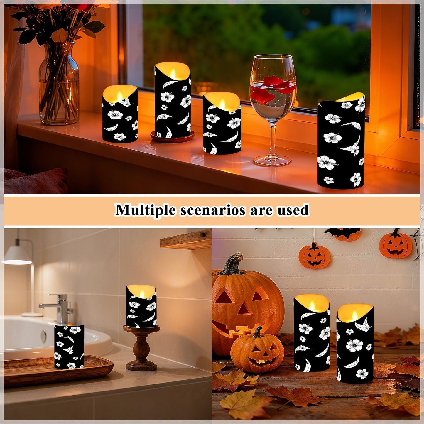 Gravopti Black White Hibiscus 2 Pack Flameless LED Pillar Candles with Remote & Timer, Battery Operated, Flickering Wax Candle for Wedding, Romantic Home & Party Decor