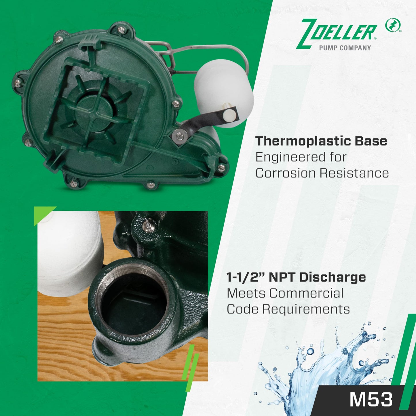 Zoeller - Mighty Mate M53 Sump Pump - 3/10 HP - Cast Iron - LED Power Plug & 9’ Cord - Vortex Impeller - Stainless Steel Hardware - Float Operated - Submersible Sump Pump - 115V