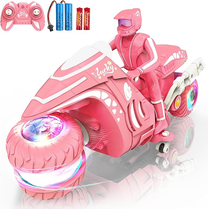 RC Motorcycle Toy with RGB Wheels Light 360° Rotation High Speed Remote Control Dirt Bike with Rider 2.4Ghz Off-Road Kids' Play Motorcycles for Girls Boys Age 5-12