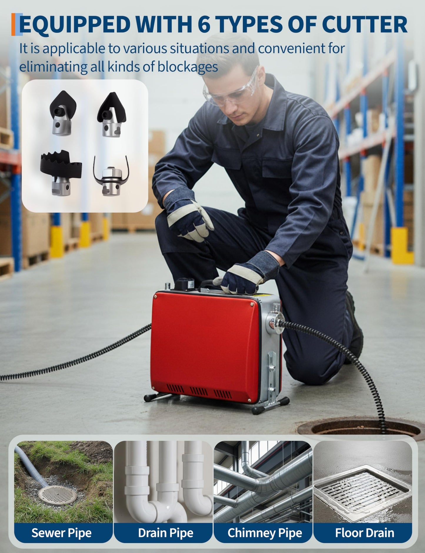 GarveeTech Portable Electric Drain Cleaner Machine, 66Ft x 5/8" & 16Ft x 3/8" Dual Cable Sewer Snake Auger with 6 Cutters for 1-4 Inch Pipes Clog Removal for Household & Professional Use