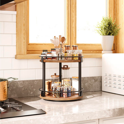 YATINEY Lazy Susan Organizer, Rotating Spice Rack, 2 Tier Spice Turntable Organizer, Industrial Turntable Spice Holder, for Kitchen Countertop and Cabinet, Compact and Versatile, Rustic Brown SR22BR