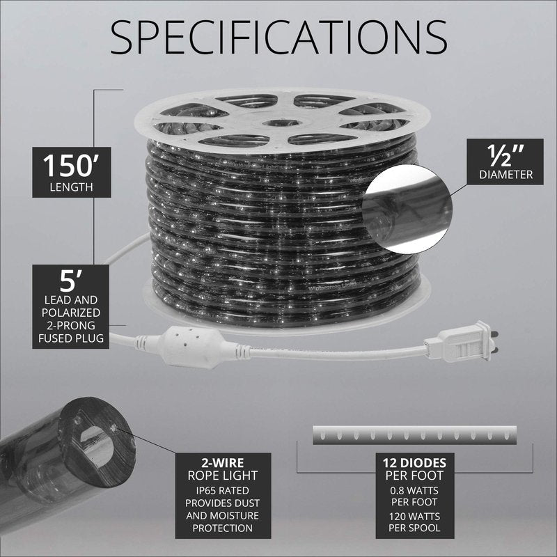 Wintergreen Lighting 150ft 1800 LED Heavy Duty Rope Light Spool, 120V ETL Indoor Rope Lights Plugin Outdoor Tube Lights ½ Inch, Accessories and Mounting Clips Included, Warm White