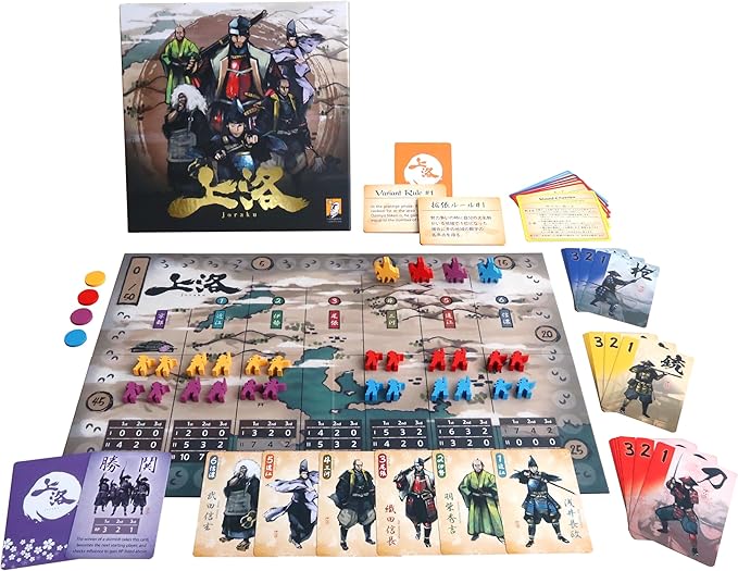 Joraku Deluxe Strategy Board Game 40 Wooden Samurai Meeples Area Control and Trick-Taking Mechanics for Strategy Game Enthusiasts 2-4 Players 20-40 Min