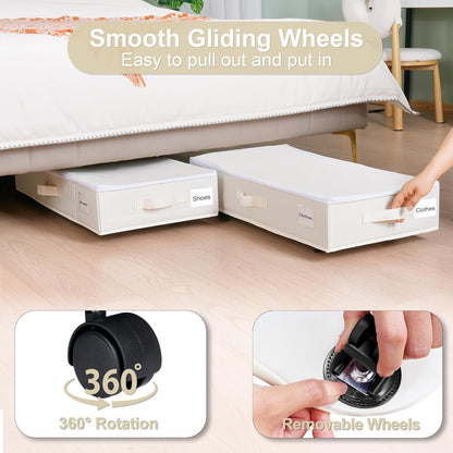 Vincona Under Bed Storage Containers - 2 Pack Rolling Organizers with Label Holders for Clothes & Shoes | Beige (30.71"x15.7"x7.28")