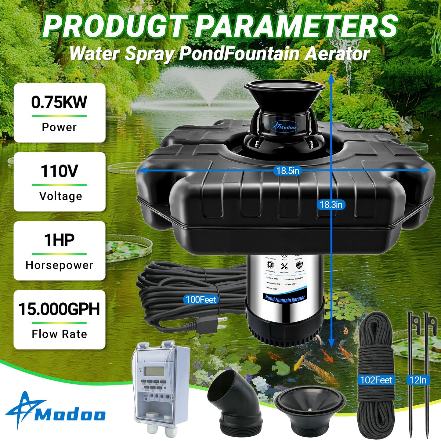 Pond Fountain Aerator, 1HP 750W Floating Fountain Aerator System for Outdoor Small Large Pond Lake, 110V 15000 GPH Fully Automatic Stainless Steel Fountain Pump with 100 Feet Power Cord
