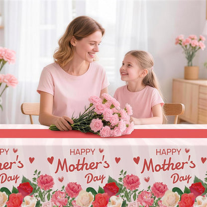 Childom 2 Pack Mothers Day Tablecloth,Mother's Day Party Decorations,54" x 108" Plastic Disposable Tablecloths for Rectangle,Plastic Table Covers for Mom Birthday Party Supplies Holiday Buffet Table