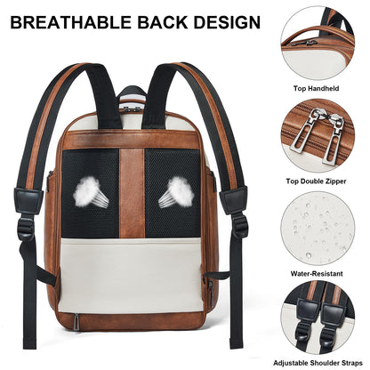 Shrrie Leather Backpack for Women, 17 Inch TSA Travel Backpack with USB Charger, 48L Expandable Large Capacity Computer Backpack Purse for Work Business Travel, Beige