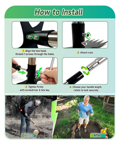 Nelyeqwo 71in Weed Puller Tool with Long Handle, 2 in 1 Adjustable Manual Weeders for Uprooting, Heavy Duty Hand Weed Rake and Garden Hoe with Gloves for Gardens, Lawns, Yards