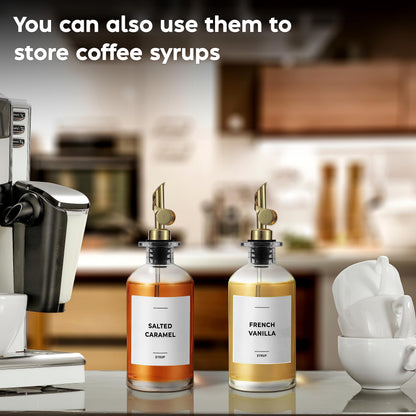 Spaceneat Olive Oil Dispenser Bottle - Includes 55 Kitchen Essential Labels - Cooking Oil Bottles for Kitchen, Coffee Syrup Dispenser - Pourer Spout with 11.8 fl oz Glass Container Cruet - 2pcs, Gold